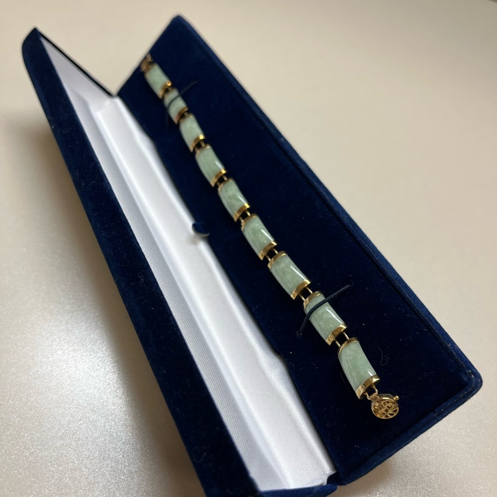 10K Yellow Gold Natural Green Jade Panel Link Bracelet 7” 11.5g Estate 16mm - Picture 11 of 12